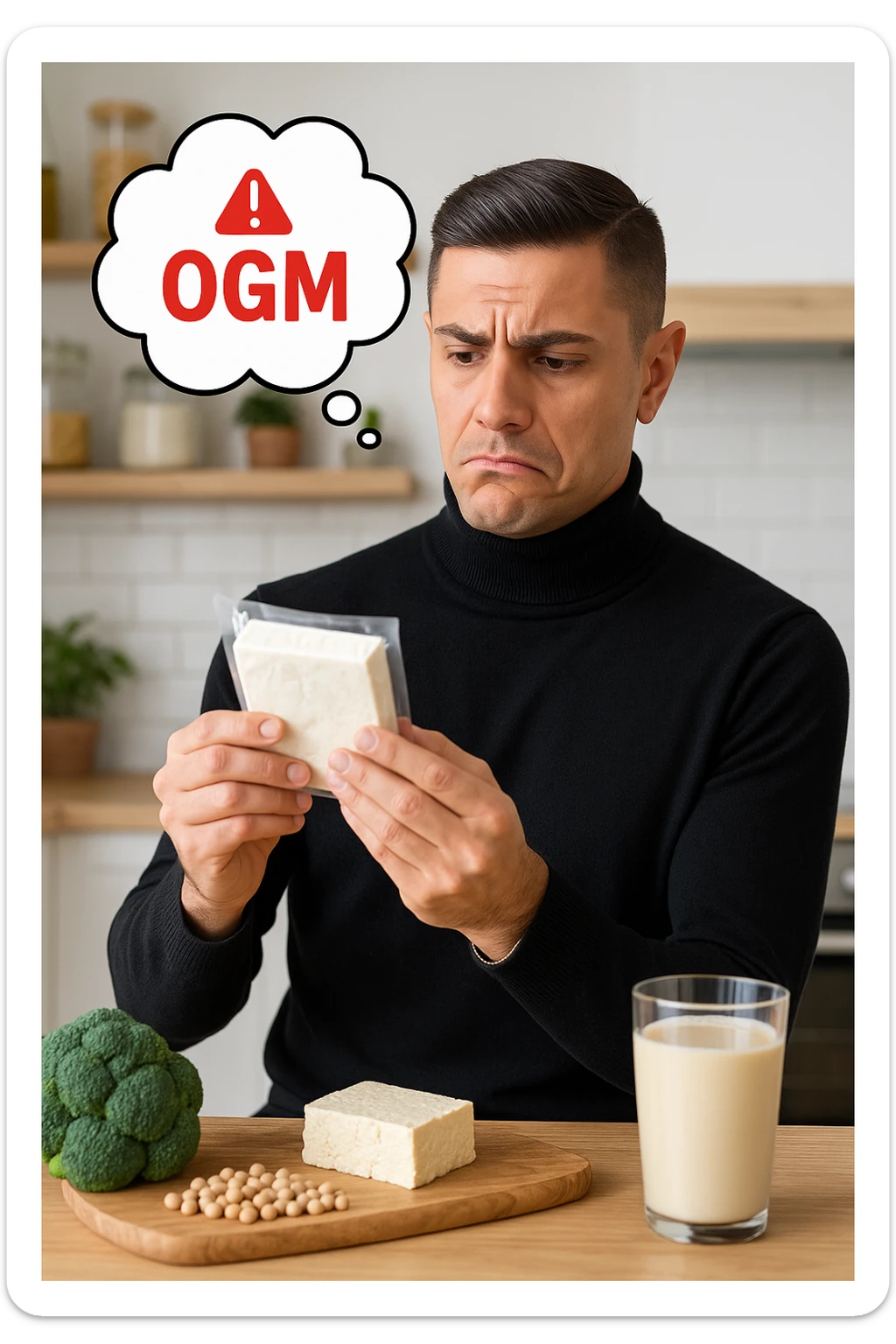 un uomo in cucina tiene in mano una confezione di soia o tofu, osservandola con un’espressione scettica e preoccupata. Sopra la confezione, una nuvoletta di pensiero mostra la scritta “OGM” evidenziata in rosso, accompagnata da un simbolo di allarme o un punto interrogativo. Sullo sfondo, altri alimenti naturali sono visibili sul tavolo, sottolineando la sua preferenza per prodotti non OGM. sticker