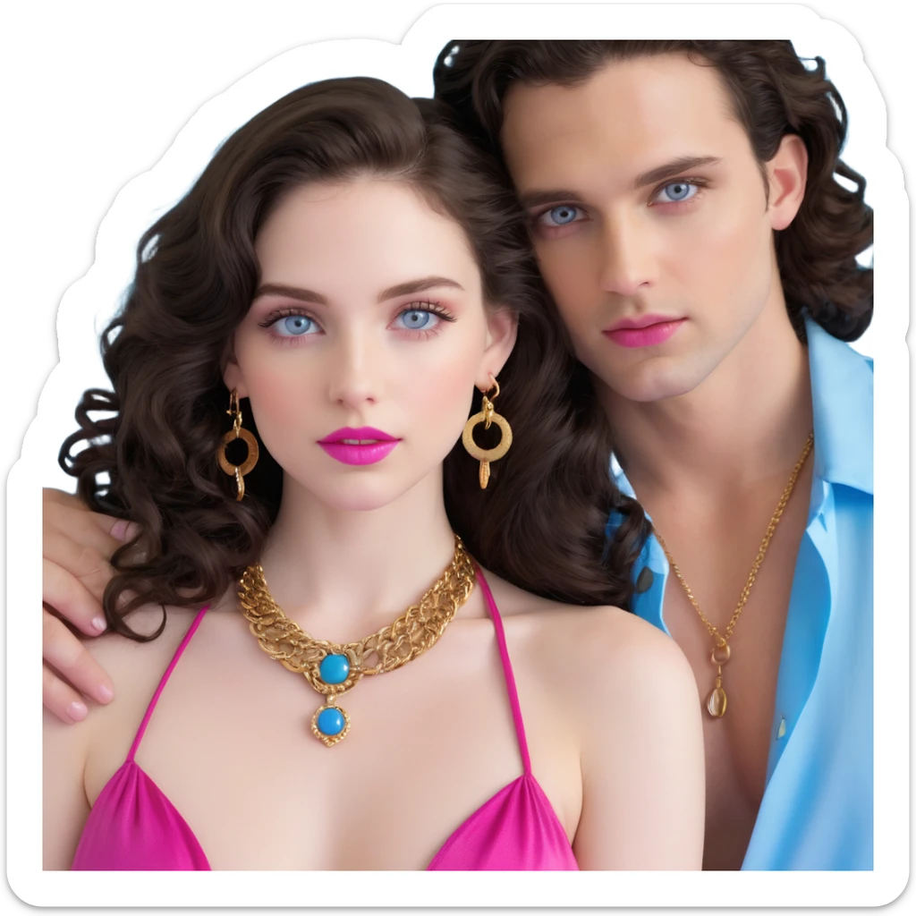 attractive couple embracing in romantic pose, woman with big blue-grey eyes, long lashes, pale skin, pink lips, long voluminous dark brown curls, gold hoop earrings, revealing silky halter top close to handsome man with intense blue-grey eyes, chiseled features, pale skin, confident smirk, dark brown styled hair, gold chain, revealing open shirt, faces close together sticker