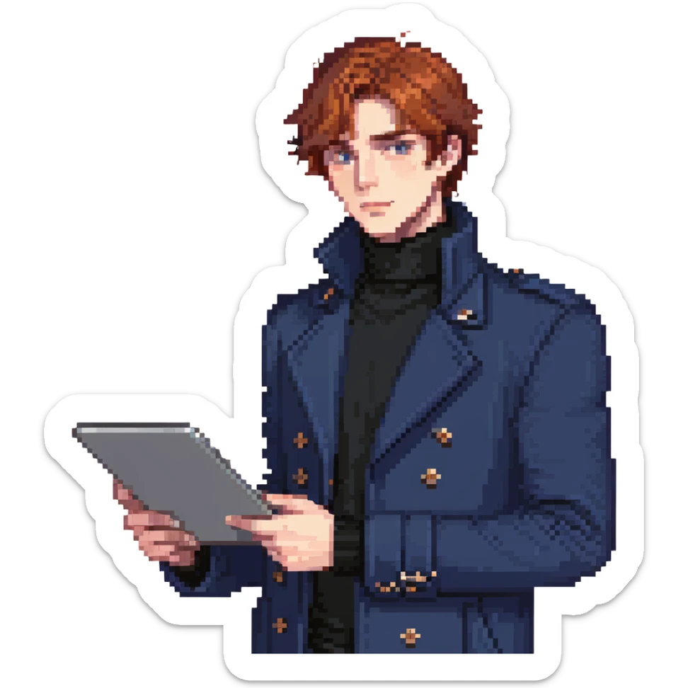 Flat pixel art, bold and charismatic male leader, Caucasian, short auburn hair, sharp eyes, indigo coat over black turtleneck, one arm raised pointing out, holding tablet, waist-up, front-facing sticker