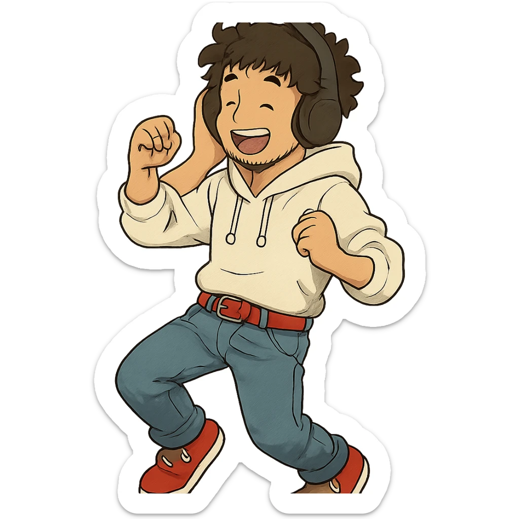 1 male, mid fade haircut dark chestnut brown curly hair, toasted lightskin, white hoodie sleeves up, fashion jeans, red fashion-sneakers shoes, red belt, short trimmed beard and goatee,  style of deku from "my hero academia", headphones on jammin', twtich emote sticker