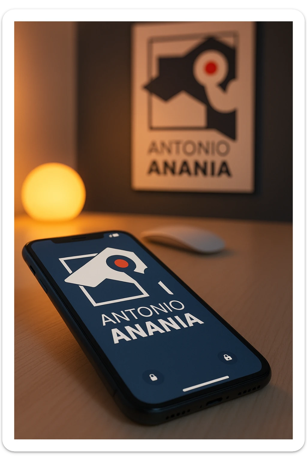 A photo of an iPhone on the desk with the logo of "Antonio Anania" on its screen, The phone sits atop a desk with a blurred with the logo in the background that suggests work environment. A faint glow from above casts gentle shadows across the surface of each object, creating depth and highlighting their textures sticker