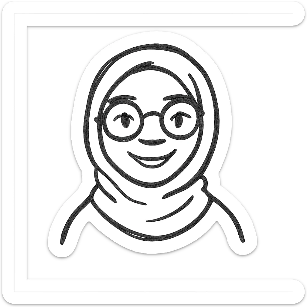 black girl with a hijab and round glasses, smiling, hand drawn icon style, no background sticker