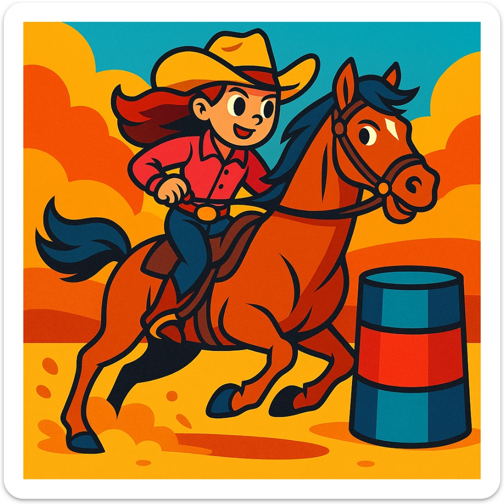 a girl barrel racing on a horse, western cartoon style, vibrant colors sticker
