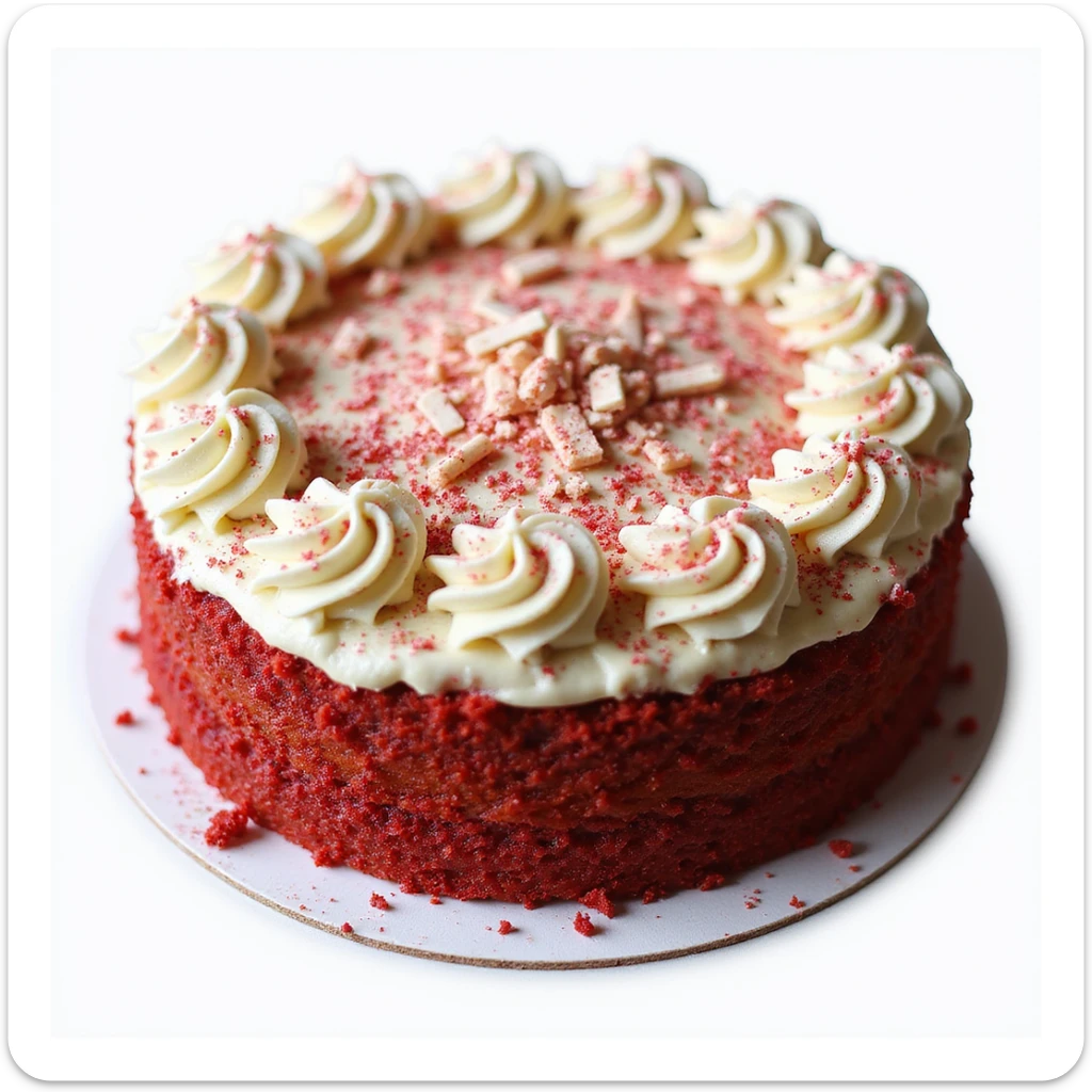 realistic round cake with red velvet frosting and white chocolate shavings, photorealistic style sticker