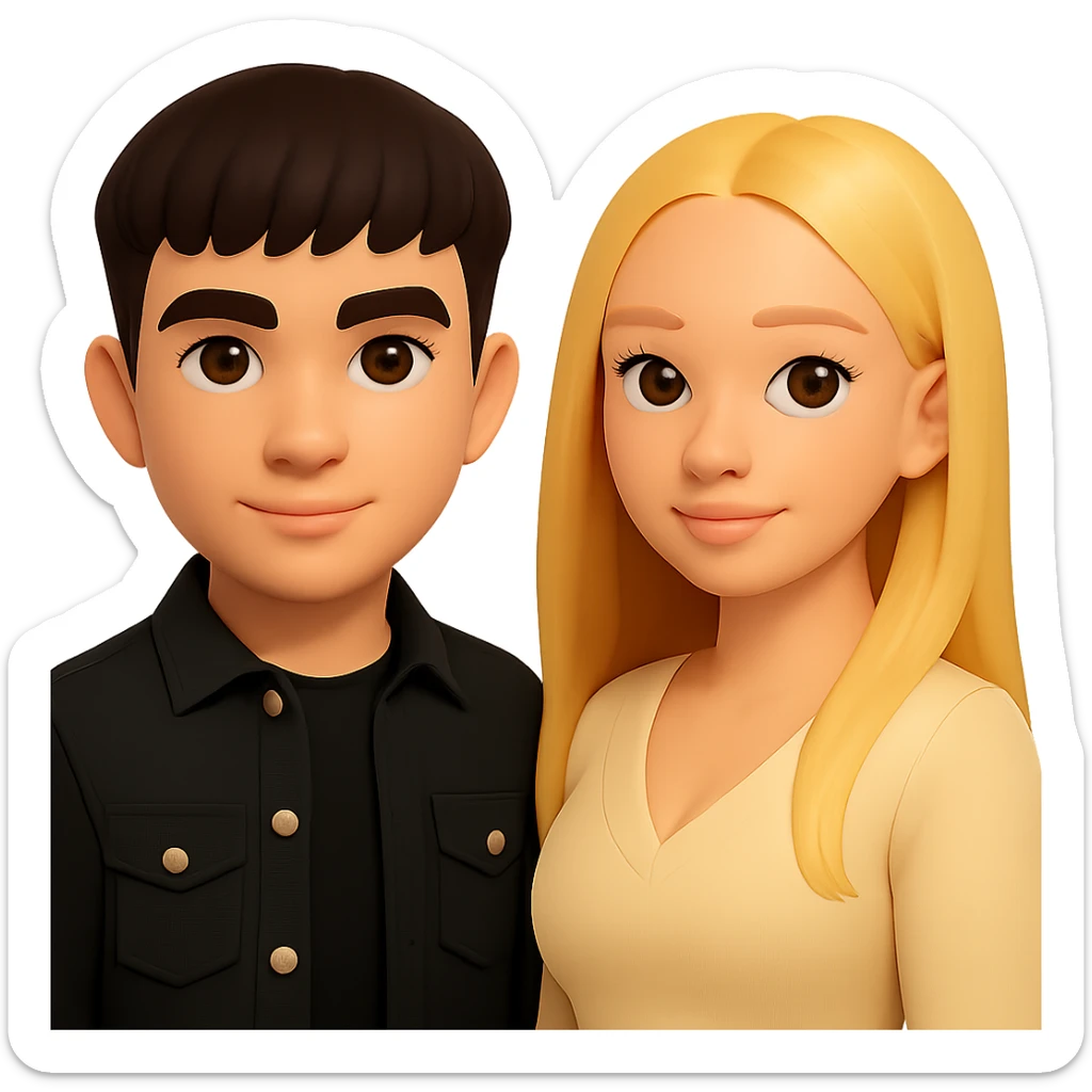 Slightly increase the volume of the upper body of the girl, separate the girl and the boy from each other, make the skin color the same for both. Maintain the cartoonish 3D style look. Keep the background transparent. sticker