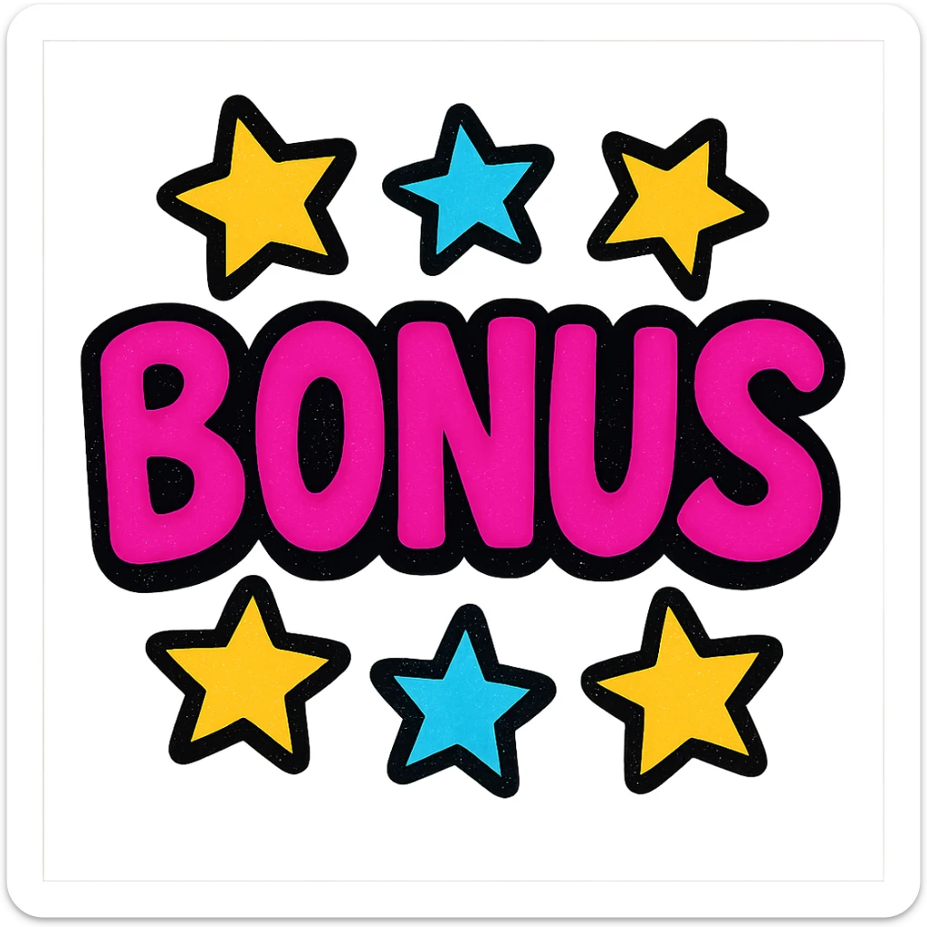 the word BONUS in large letters, all the same vibrant color, surrounded by stars, no background or sign behind, just the letters and stars, vibrant cartoon style sticker