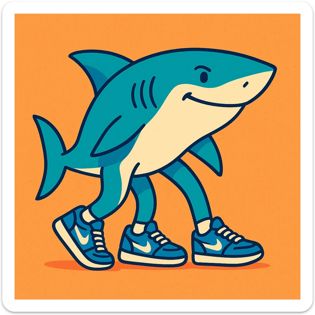 a shark with three legs, last leg near the back fin, wearing blue Nike shoes, closed mouth, clean modern illustration style sticker