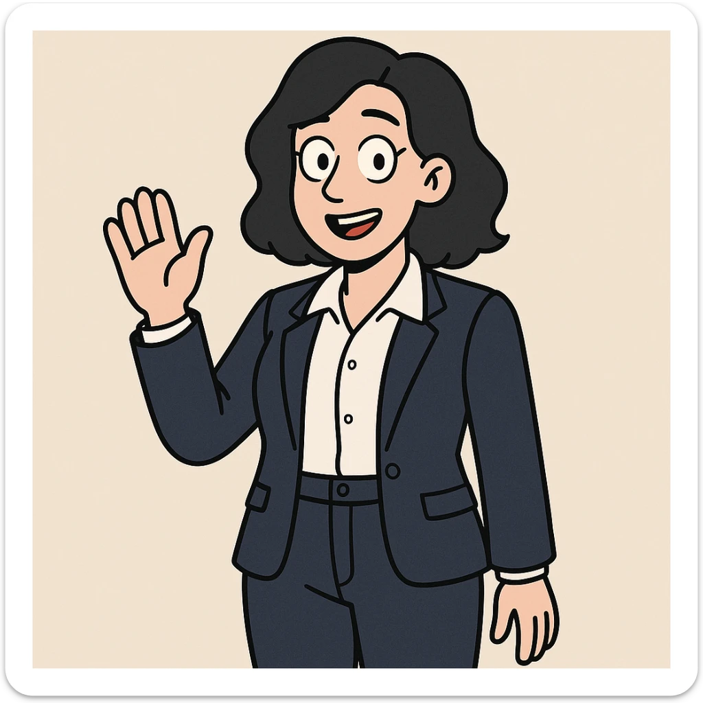 A woman black hair white Villeta Herringbone Shirt Navy Cannes Tailored Fit Jacket jackets Navy Rosalind High Waist Trouser a hand say hello sticker