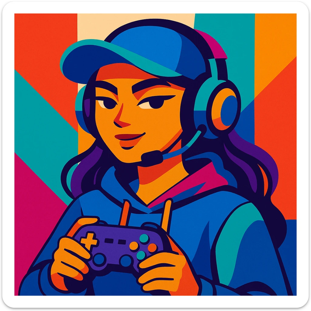 cool gamer girl with headphones and a cap, modern, confident, vibrant colors sticker