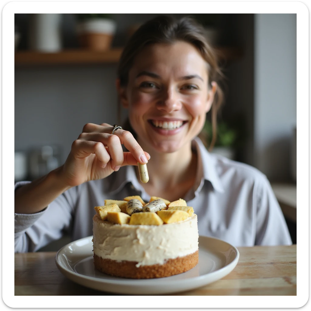 realistic image of a person placing a dietary supplement capsule on a cake or a plate of healthy food, satisfied expression, creative details, modern environment sticker