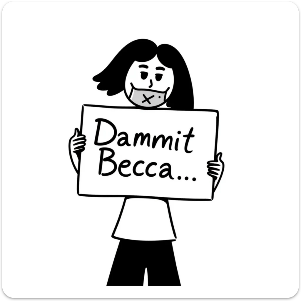 hand-drawn doodle of a face with symbols over the mouth, holding a protest sign that says 'Dammit Becca' sticker