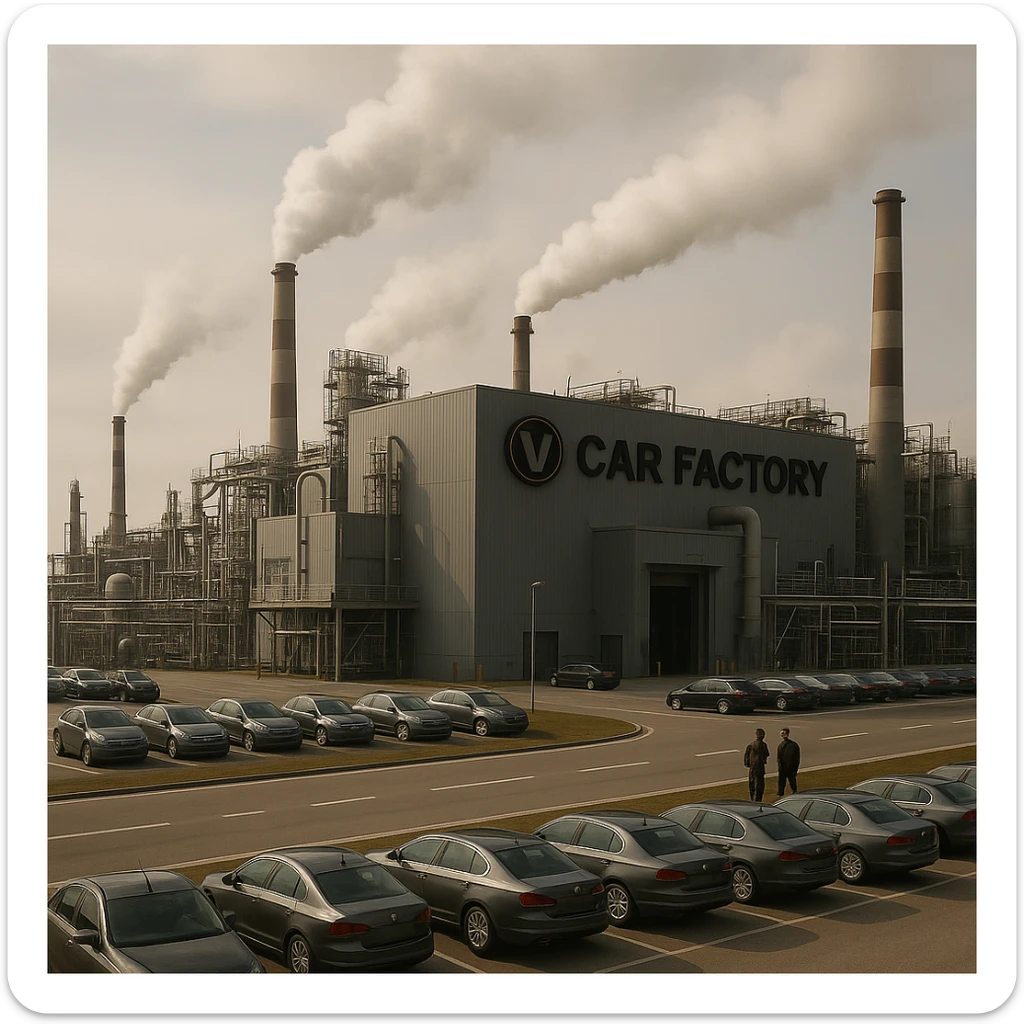 Realistic car factory exterior, large industrial building with smokestacks, parking lots filled with cars, factory grounds with machinery and equipment, realistic lighting and shadows, industrial atmosphere, workers in uniforms walking around, company logo on the building sticker