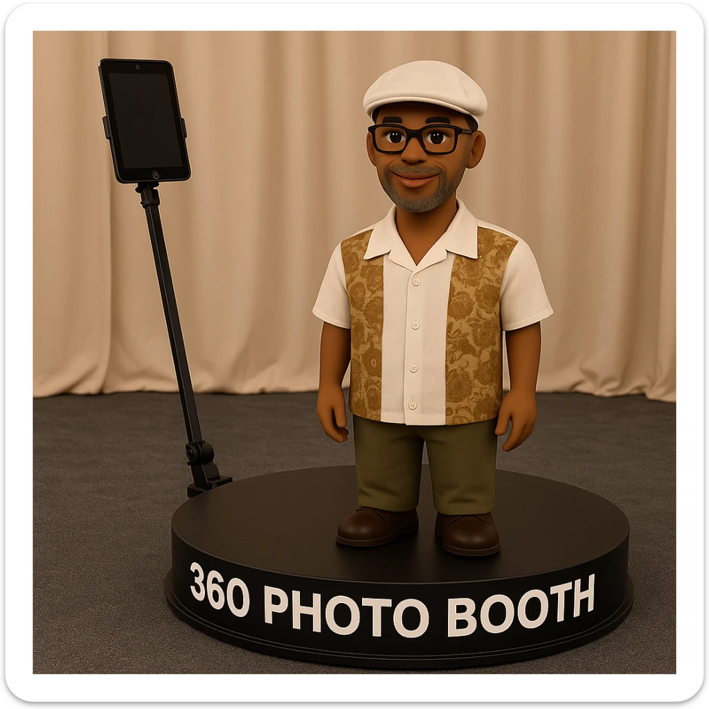 Place the emoji of a light-skinned African American man with a Kangol hat, glasses, and grey beard stubble on a 360 photo booth setup. The iPad should be clearly visible as the camera, positioned naturally and proportionately as the camera of the booth. The man should be standing on the booth platform. Ensure the lighting and shadows are consistent with a typical event setting, making the scene look natural and realistic. sticker