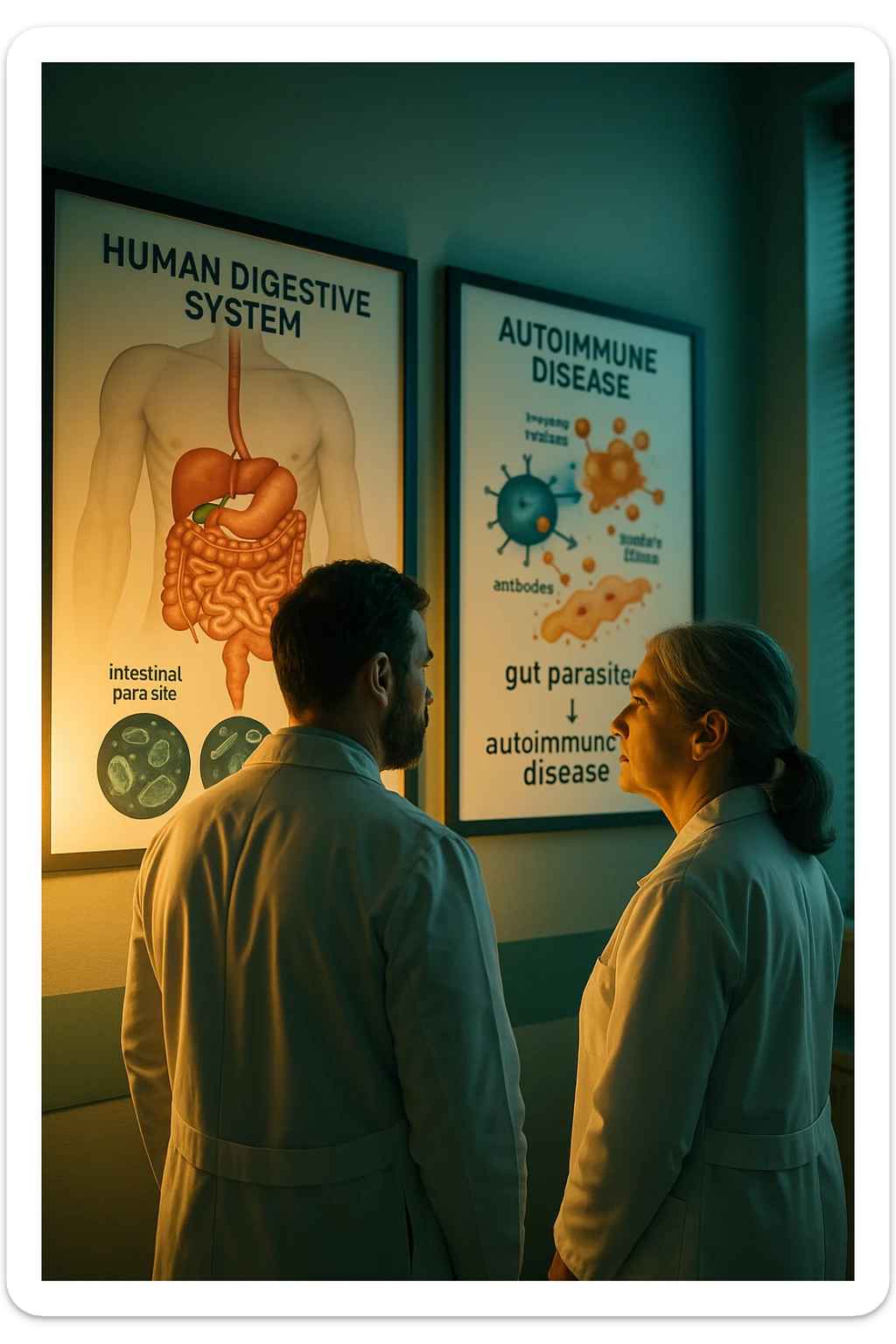 Realistic, detailed photo taken from behind of two doctors—a bearded man and a middle-aged woman—standing side by side in a modern medical office, intently studying a large, illuminated medical chart on the wall. The chart displays a detailed diagram of the human digestive system, highlighting the intestines and showing microscopic images of intestinal parasites. Next to it, another chart illustrates the immune system attacking healthy tissues, visually connecting gut parasites to autoimmune disease mechanisms. The room is bathed in a single green-blue color, with a warm, yellow-orange light casting soft shadows around the doctors. Both wear white coats and have serious, focused expressions, suggesting a deep discussion about the root causes of autoimmune conditions. Shot with a Canon EOS R5, with high detail, natural depth of field, and a clinical yet dramatic atmosphere. sticker