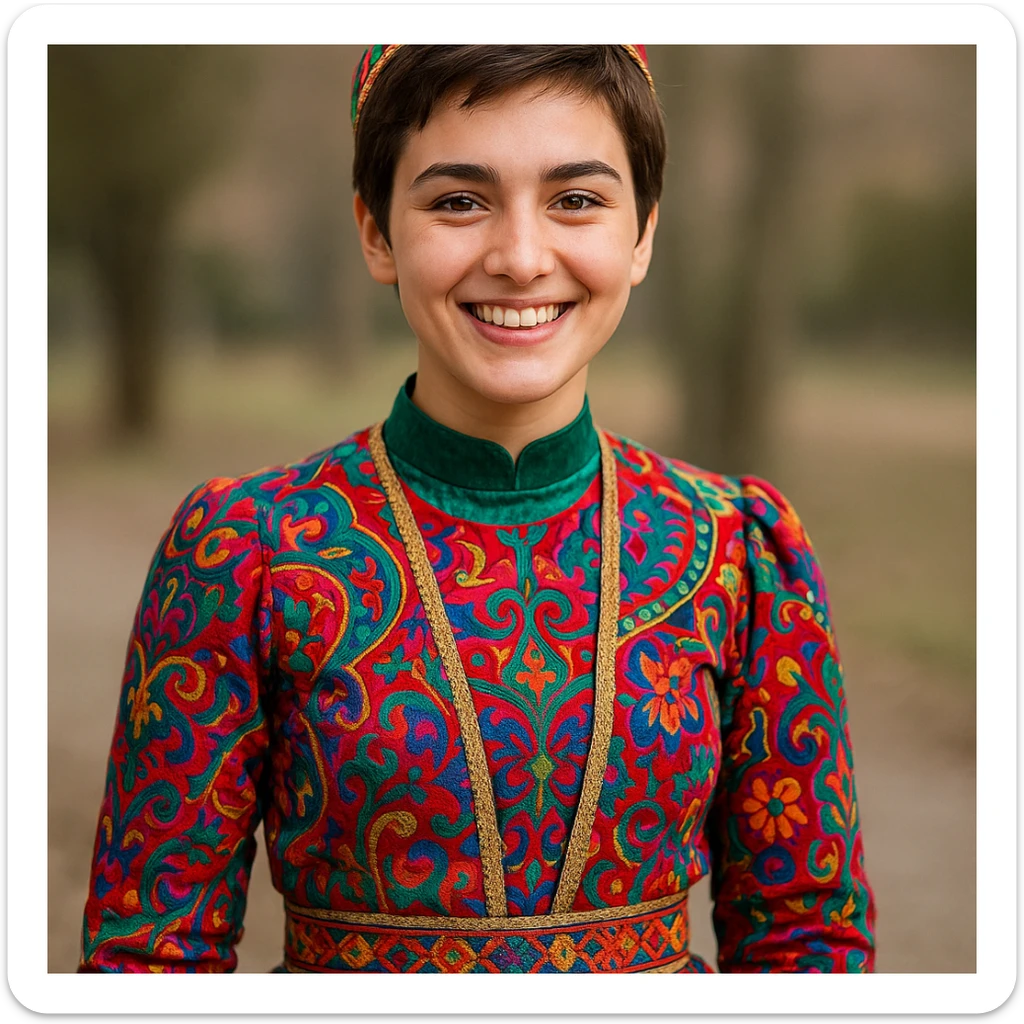 20-year-old Chechen girl with short brown hair, in a colorful Chechen dress, standing and smiling sticker