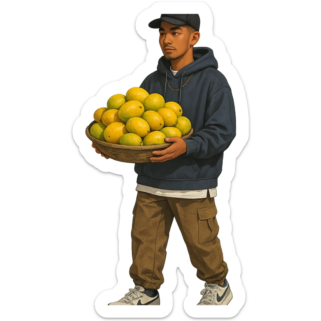 a stylish mango vendor in urban streetwear, with a cap and sneakers, carrying mangoes sticker