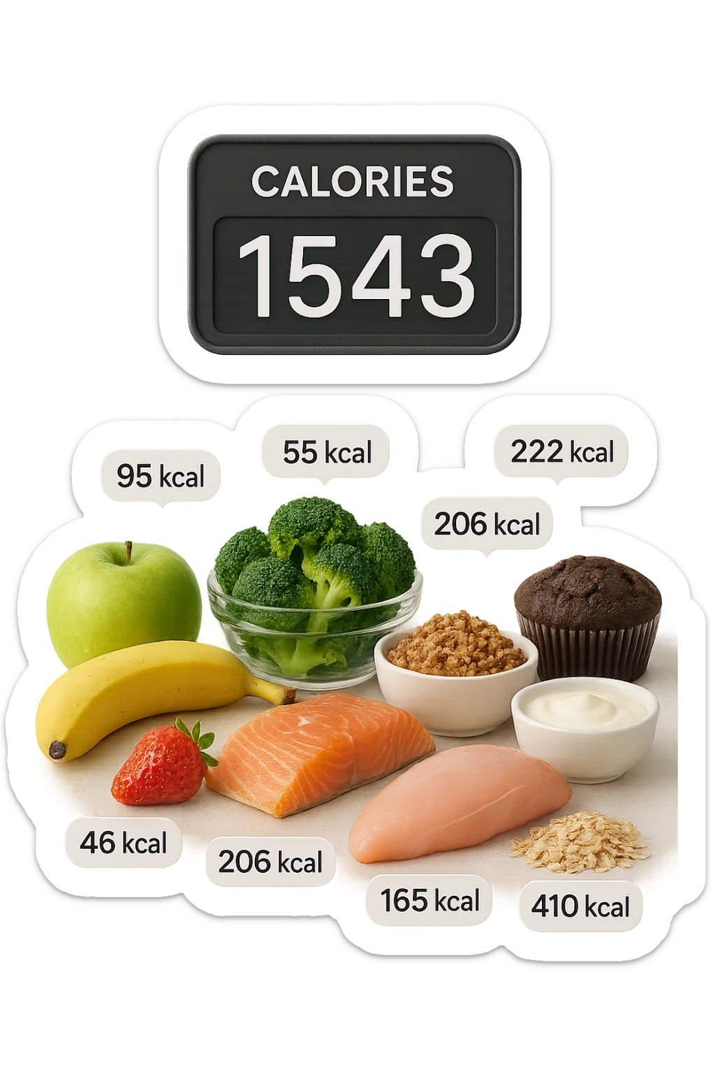 a digital calorie counter hovers above a variety of foods arranged on a table—fruits, vegetables, grains, meats, and desserts. Each food has a floating label showing its calorie content. The background is clean and modern, emphasizing the educational aspect of calorie awareness. sticker