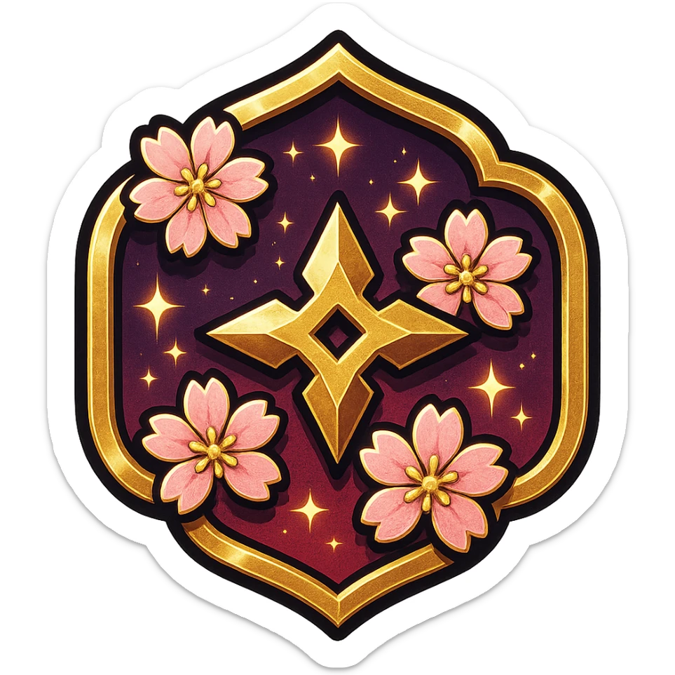 Anime-inspired Japanese style badge for Grandmaster rank: traditional crest shape with deep purple and red gradient with gold accents, sakura (cherry blossom) accents, ninja star, bold highlights and shadows, sparkly effects, no text, sized for Twitch or Discord use, transparent background. sticker