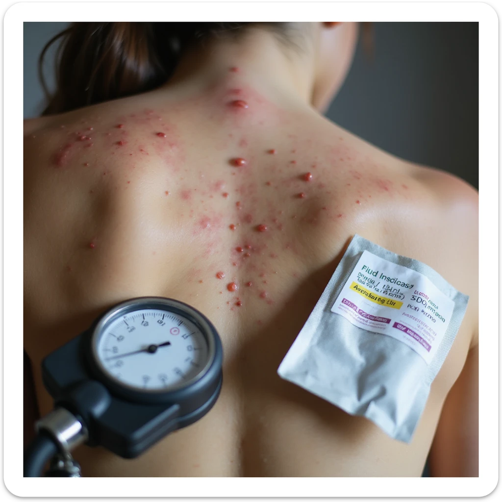 realistic close-up detail of acne on back, reddened skin, medicine package for blood pressure next to a pressure monitor, visible side effects sticker