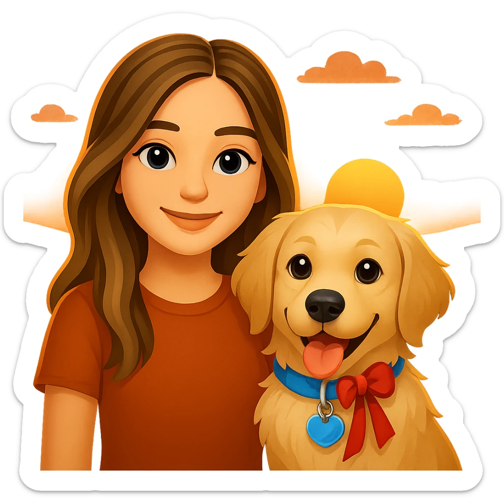 Create an emoji style image of a 20-year-old dirty blonde woman with brown highlights in her long hair and dark blue eyes, standing with an English cream golden retriever. The background is a warm sunset, and the scene is friendly and warm. sticker