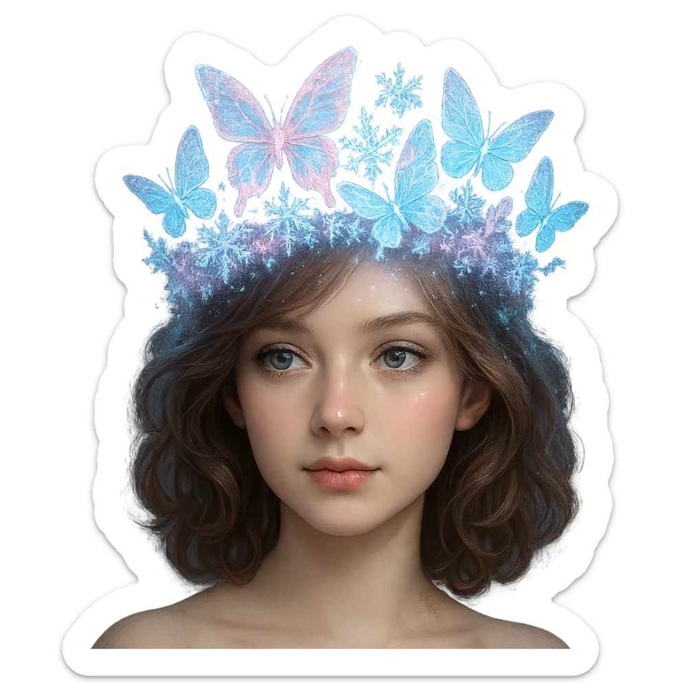 Change the butterfly crown to icy pink with blue and white butterflies, snowflake details, and a frosty glow. Keep the background transparent. sticker