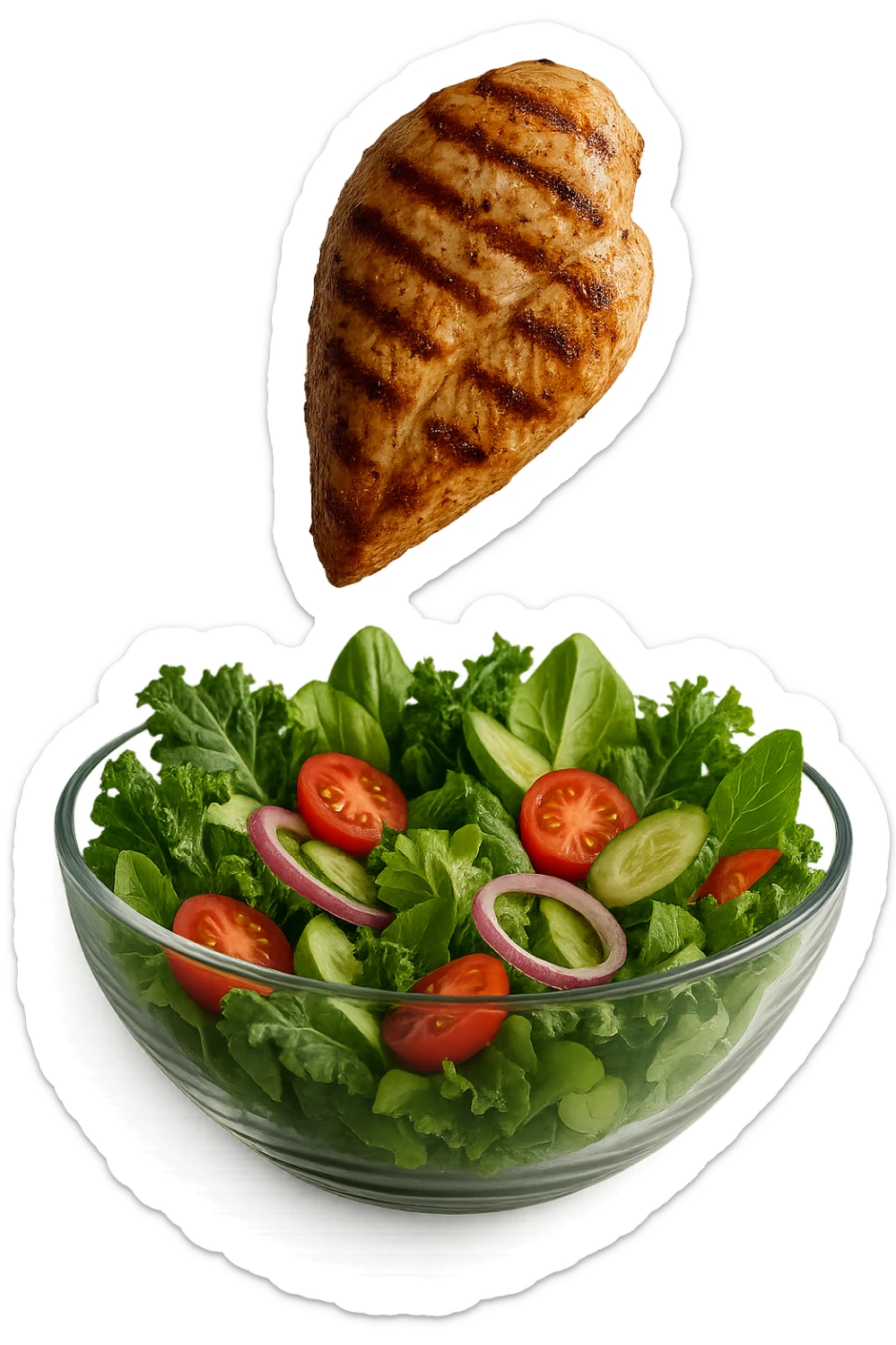 INSALATA CON PETTO DI POLLO GRIGLIATO CHE CADE DALL'ALTO, IPERREALISTICO 4K sticker