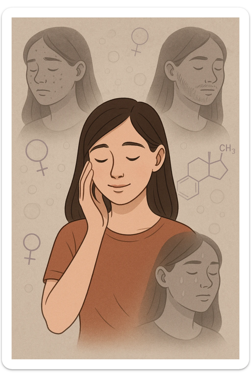A young woman is surrounded by faint overlays of hormonal symbols and androgen molecules, with shadowy images of acne, facial hair, and oily skin projected around her, symbolizing the symptoms of PCOS with androgen excess. She looks down, gently touching her face with a resigned but hopeful expression, symbolizing her journey toward managing these symptoms. sticker