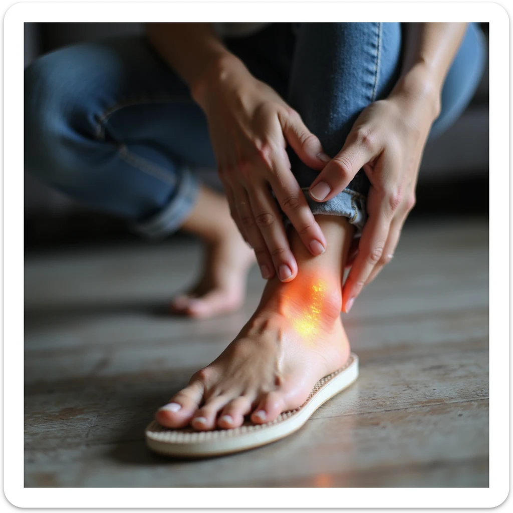 adult woman with foot and knee pain, orthopedic insole clearly visible in shoe, suffering expression, realistic style, neutral environment sticker