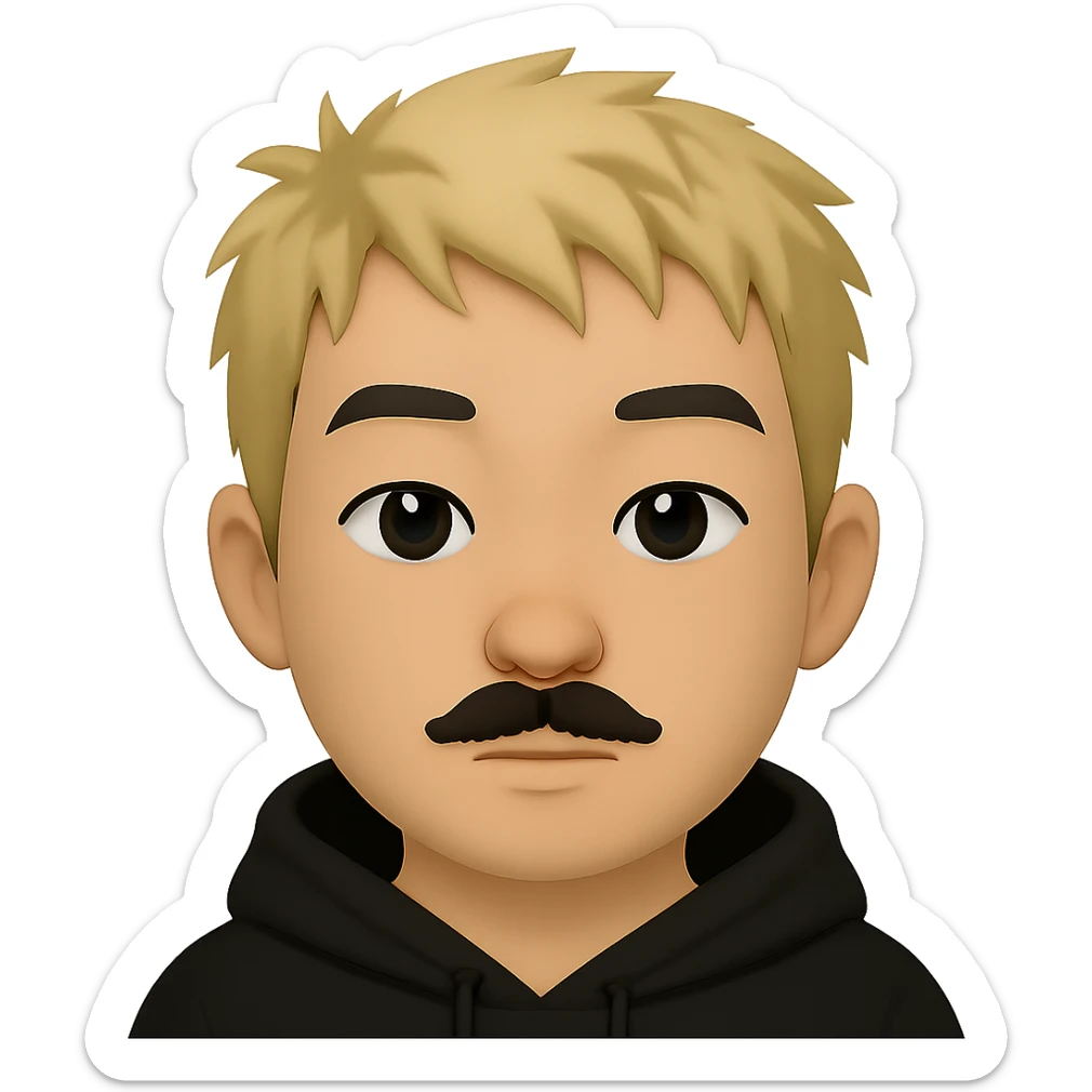Add a black hoodie to the Asian man with a small mustache and short messy blond hair in emoji style. Preserve the transparent background. The man has a neutral expression. sticker
