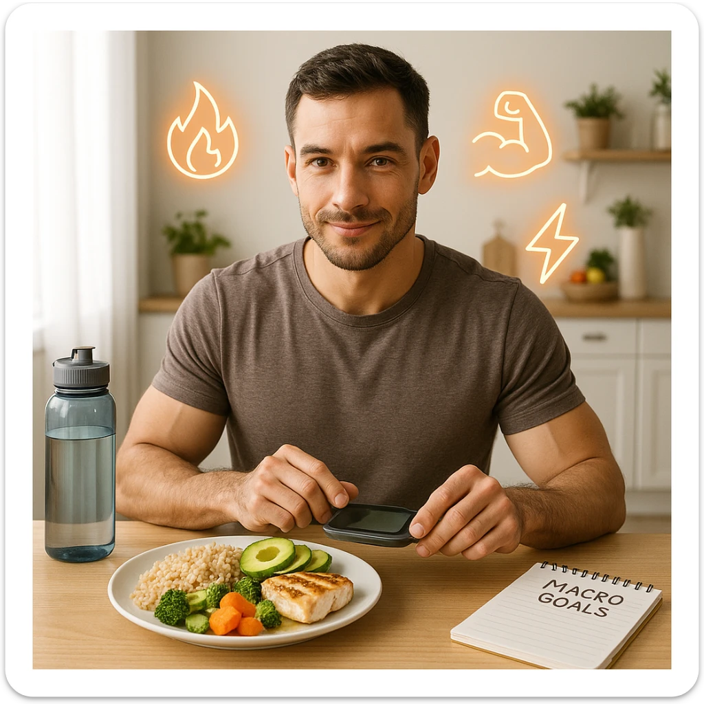 A fit man in his early 30s, sitting calmly at a clean wooden kitchen table, adjusting his meal portions with intention. On the plate: whole grain rice, avocado slices, grilled chicken, and olive oil drizzled vegetables — slightly more than a normal serving, symbolizing a small caloric surplus. He’s holding a digital food scale and smiling slightly, showing confidence. Around him float clean icons of metabolism, muscle growth, and energy. Background: bright morning light, minimalistic kitchen with fitness and wellness elements (e.g. a water bottle, notepad with 'macro goals', and healthy food on shelves). Style: semi-realistic, lifestyle photography look, warm tones, high detail sticker