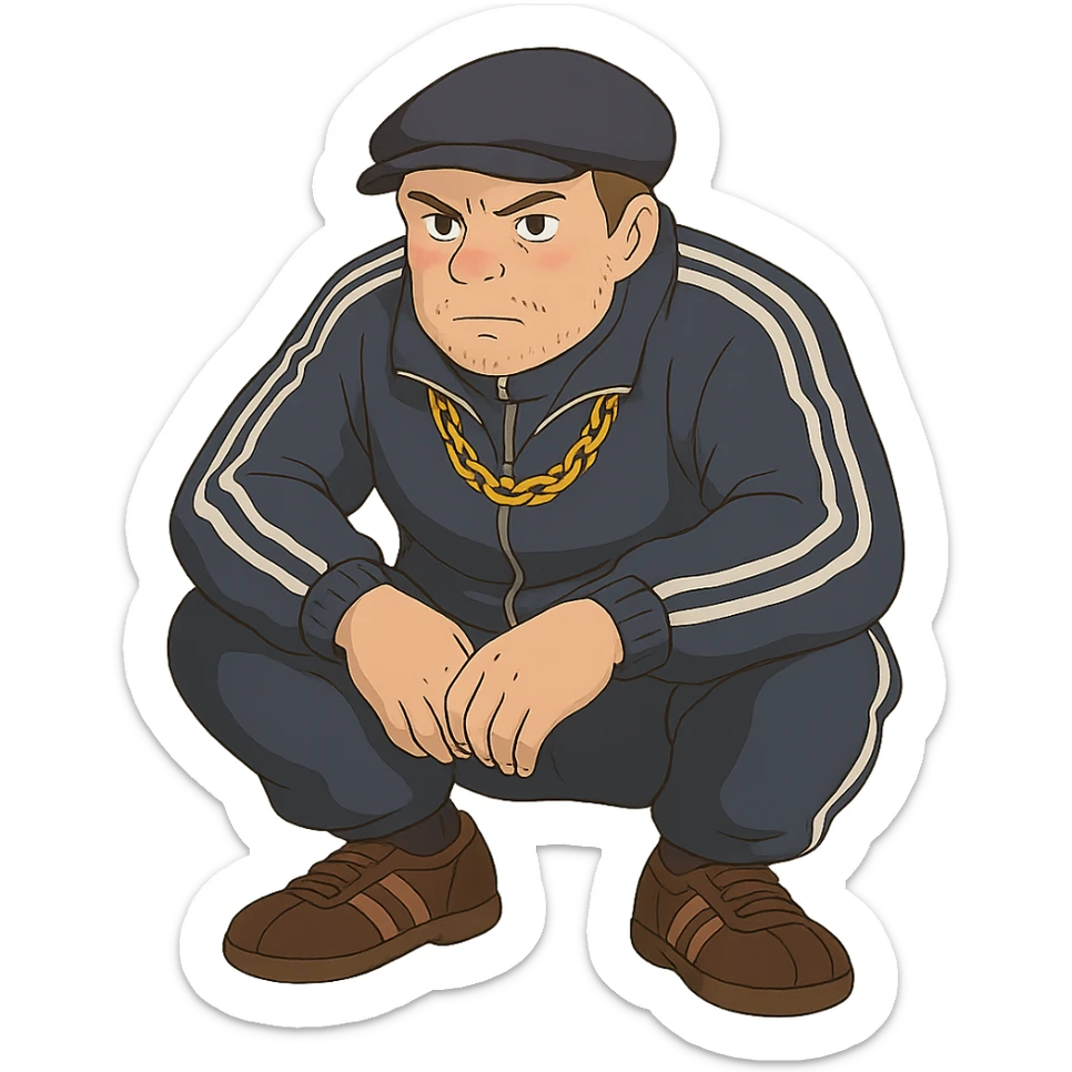 ghibli style Russian gangster squatting, wearing a tracksuit and gold chain sticker