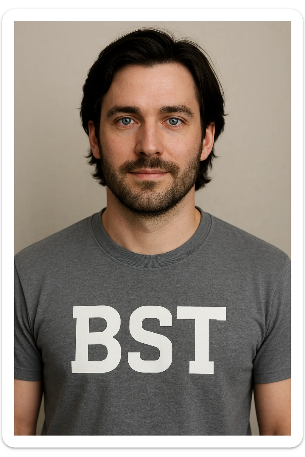 male avatar, 30 years old, Caucasian, white skin, dark medium-length hair, blue eyes, chest-up view, shirt displays 'BST' text sticker
