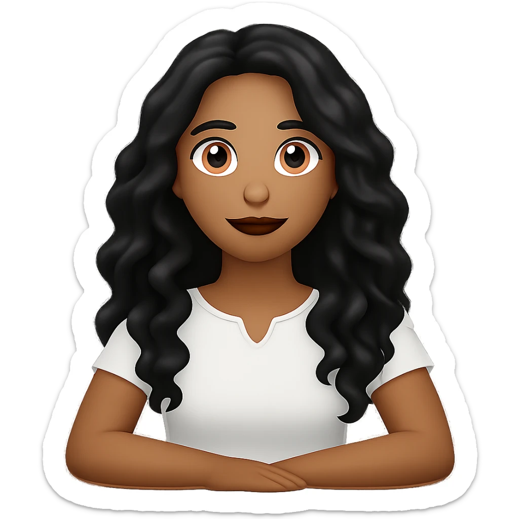 Add arms to the girl with long wavy black hair, keeping the same style and expression as in the original image. Maintain the transparent background. sticker