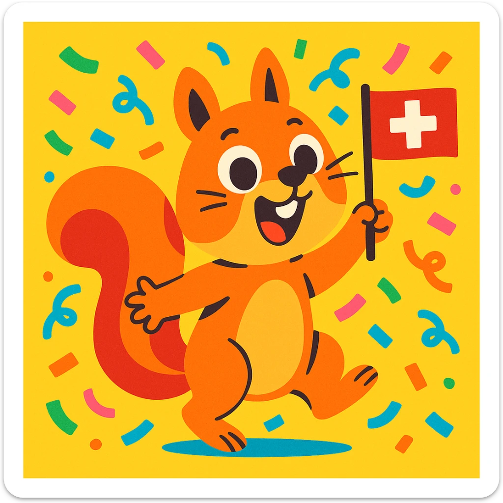 cute squirrel tossing confetti in the air, Swiss flag in paw, cartoon style sticker