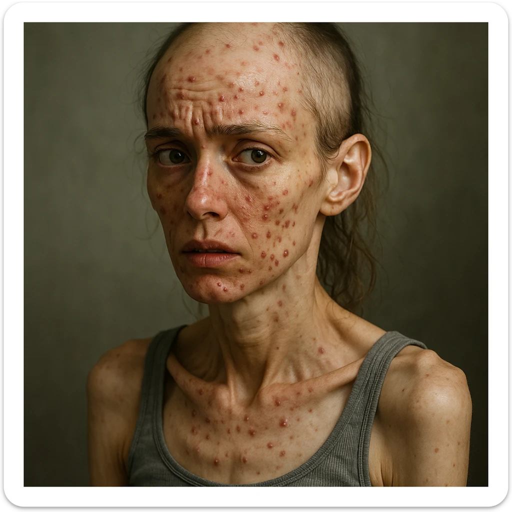 woman rapidly losing weight, worsening hormonal condition, presence of acne and alopecia, hyper realistic style, worried expression, realistic details, atmosphere suggesting discomfort sticker