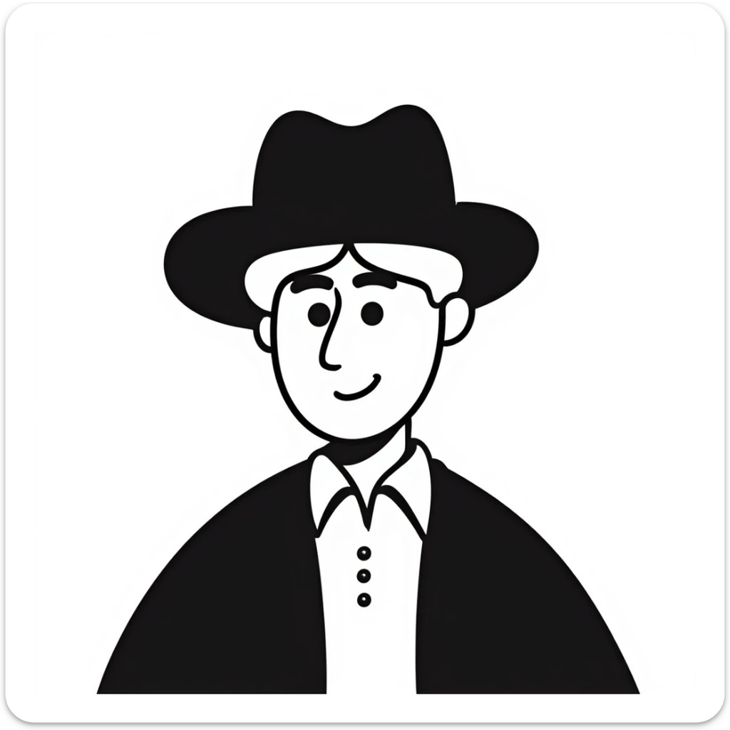 Man with white hair parted in the middle, black in color, shoulder-length, smiling, wearing a white shirt and a black jacket sticker