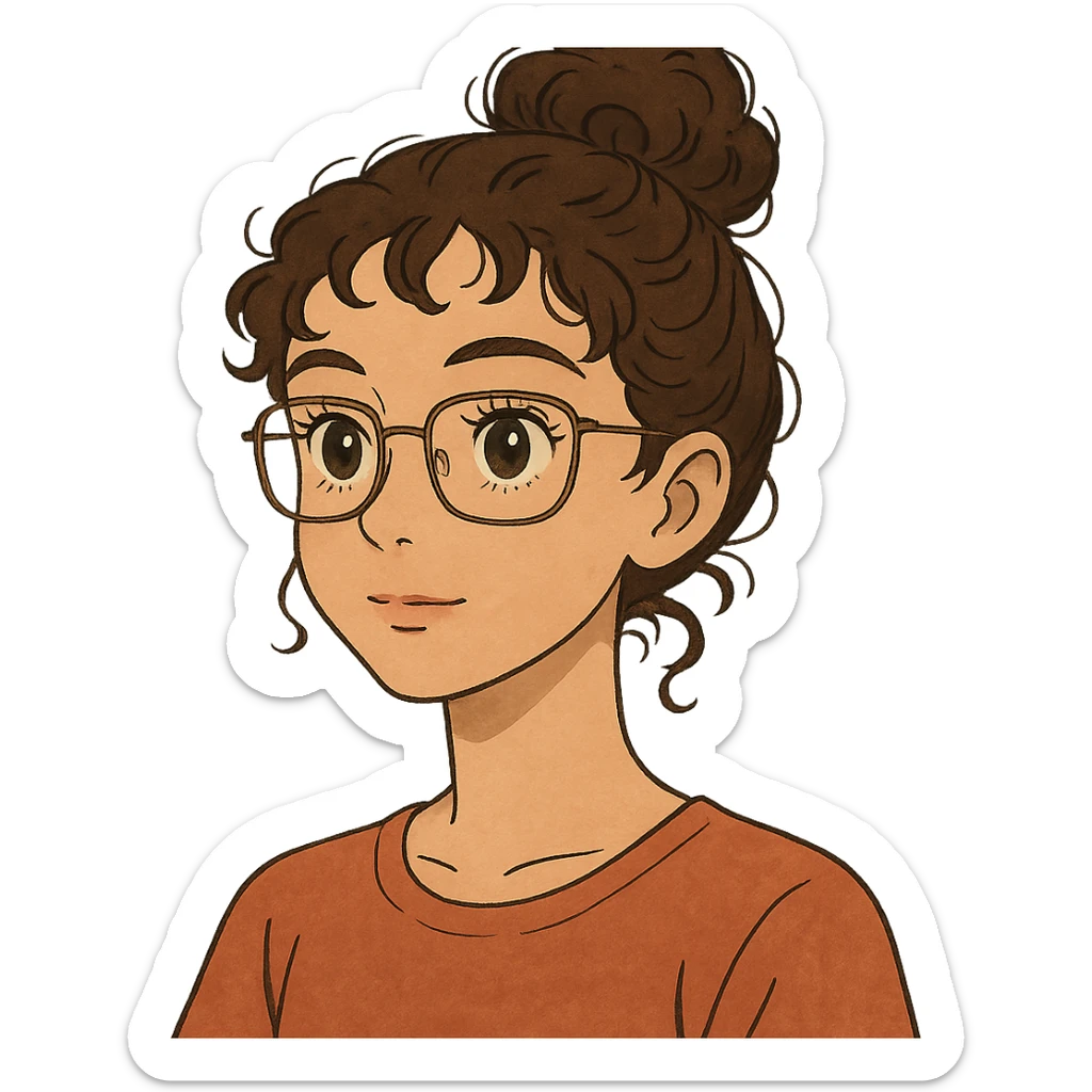 ghibli style 23-year-old girl with square thin glasses, brown curly hair in a high bun, big eyes and lashes, small nose and mouth, thin hoop nose piercing sticker
