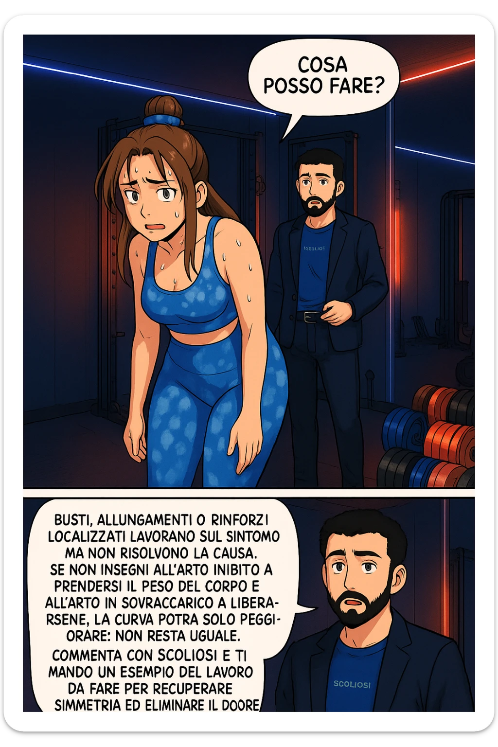 ispirati a questo stile di disegno e fai questa immagine in versione manga/webtoon a colori, il manga mostra la donna preoccupata che chiede: "COSA POSSO FARE?" E L'UOMO CHE RISPONDE: Busti, allungamenti o rinforzi localizzati lavorano sul sintomo ma non risolvono la causa. Se non insegni all’arto inibito a prendersi il peso del corpo e all’arto in sovraccarico a liberarsene, la curva potrà solo peggiorare; non resta uguale. Commenta con scoliosi e ti mando un esempio del lavoro da fare per recuperare simmetria ed eliminare il dolore. sticker