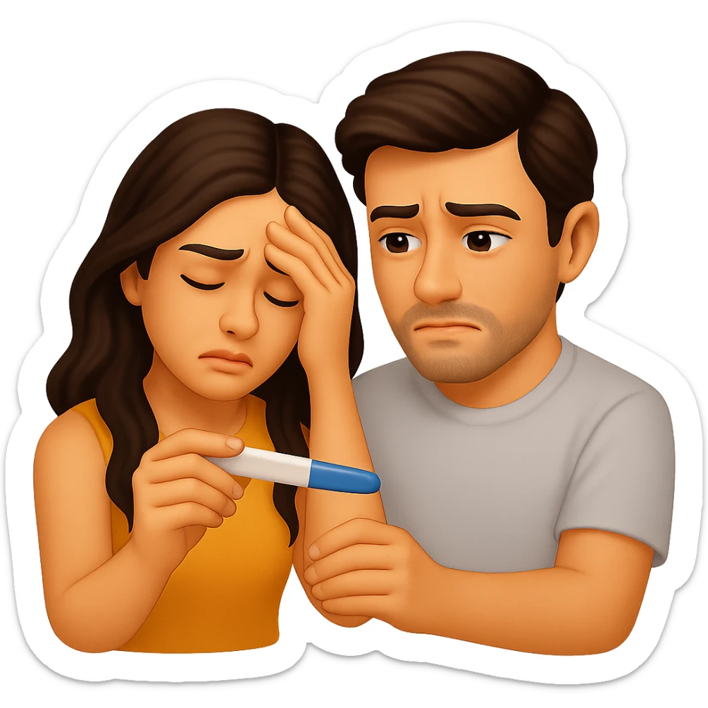 Create an emoji of a worried couple looking at a pregnancy test. The style should be realistic in facial and body features, inspired by Apple emoji style but with more realism. The background should be transparent. sticker
