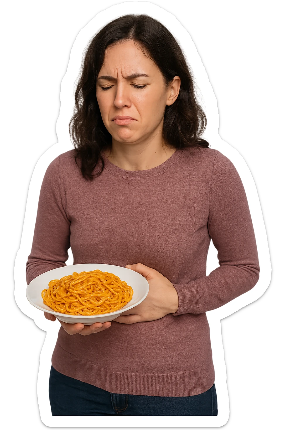 DONNA FITNESS CON PIATTO DI PASTA IN MANO E MAL DI PANCIA, FA FATICA A DIGERIRE sticker