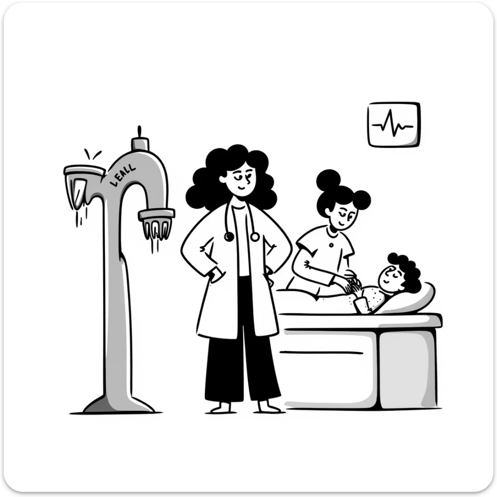 A doctor in a hospital surrounded by an x-ray machine and heart rate monitor a nurse treating patients sticker