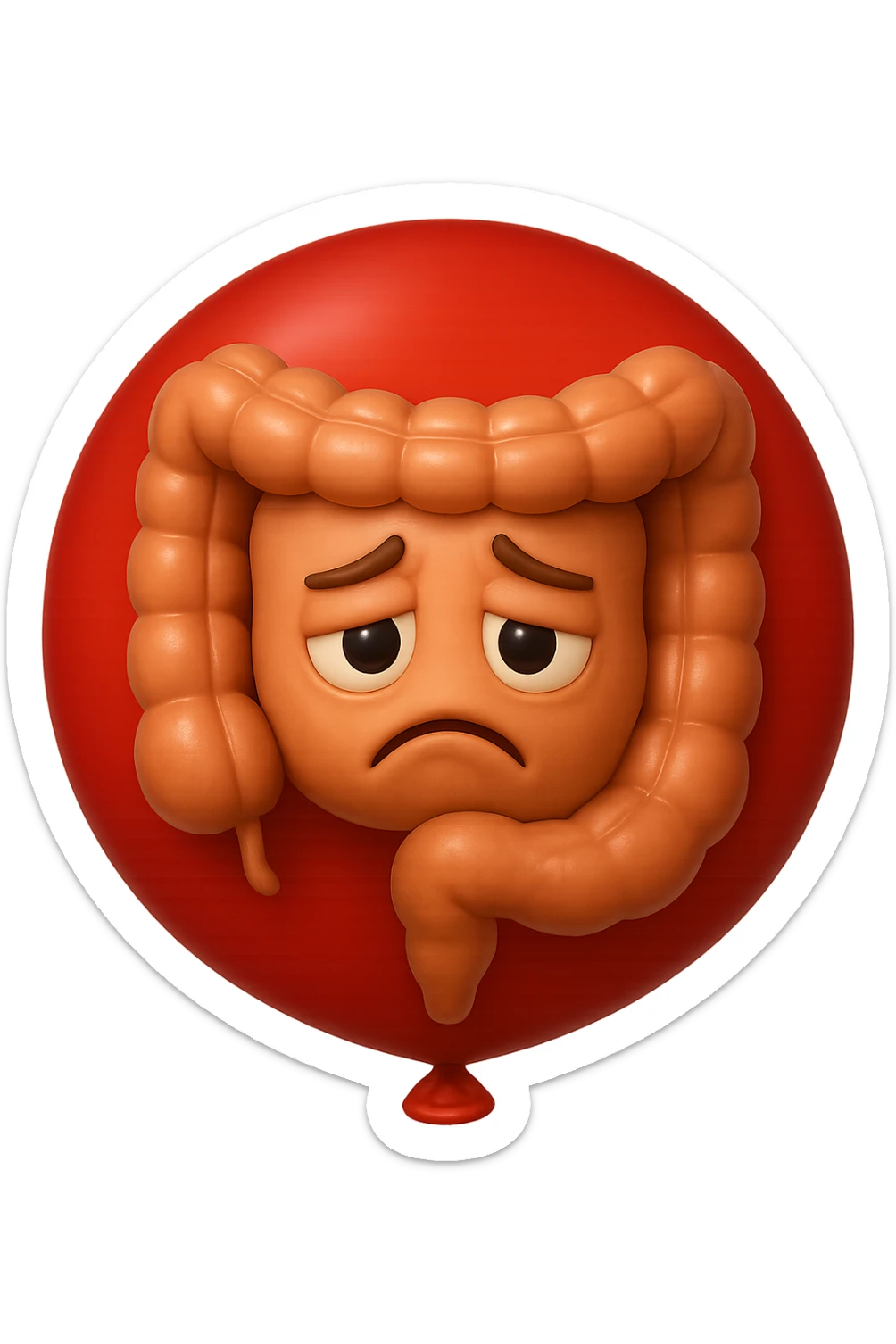 EMOJI STILE IPHONE 3D DI INTESTINO 3D CON ESPRESSIONE TRISTE  IN VOLTO CHIUSO IN UN PALLONCINO ROSSO, FAGLI ANCHE LA PARTE BIANCA DEGLI OCCHI, NON SOLO LA PUPILLA sticker