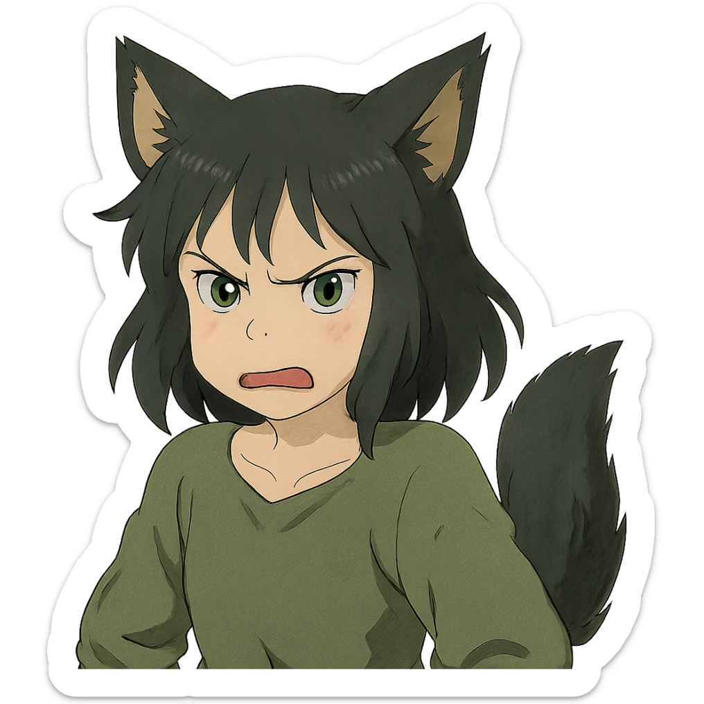 A girl with black fox ears and a tail, green eyes, dark hair, looking angry sticker