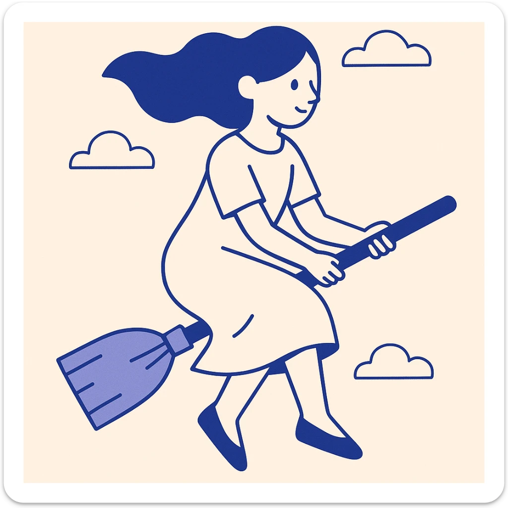 a simple girl flying on a broom, white dress, cartoon style sticker