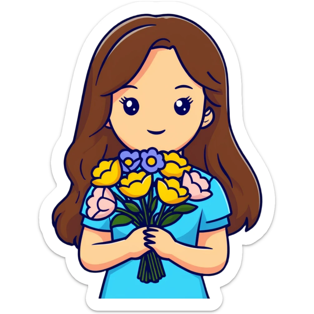 cool girl with long brown hair and fair skin holding a bouquet of flowers, stylish sticker