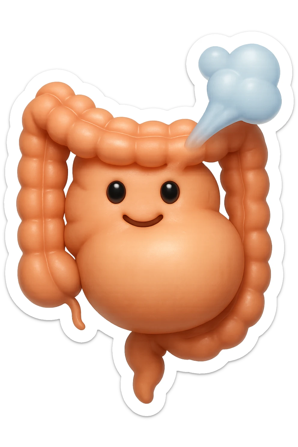 emoji stile iphone di un intestino che ingoia una nuvoletta di aria ben visibile e gli si gonfia la pancia, non fargli il naso, iperrealistico 4k sticker