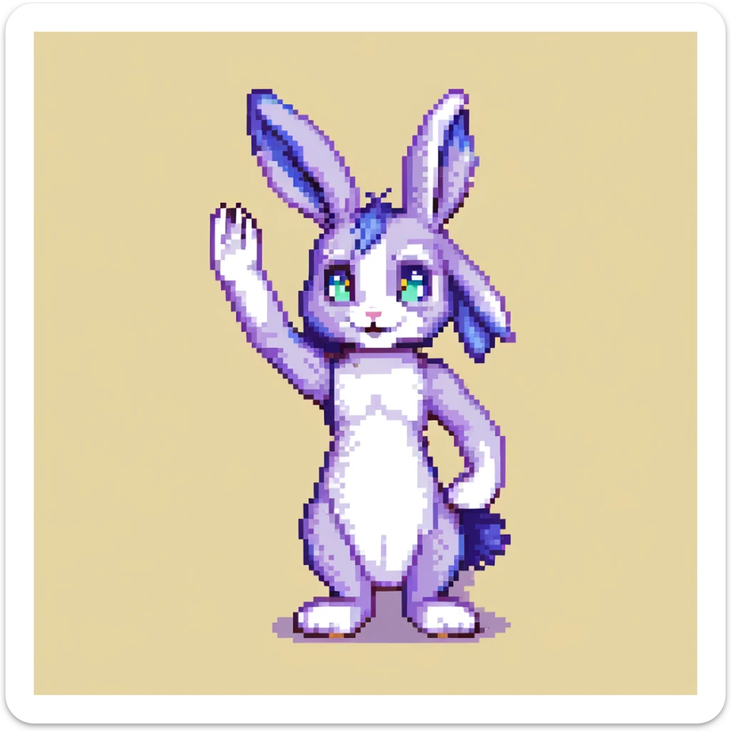 furry anthro male bunny with purple hair, blue eyes, purple and white fur, pixel art style, waving sticker