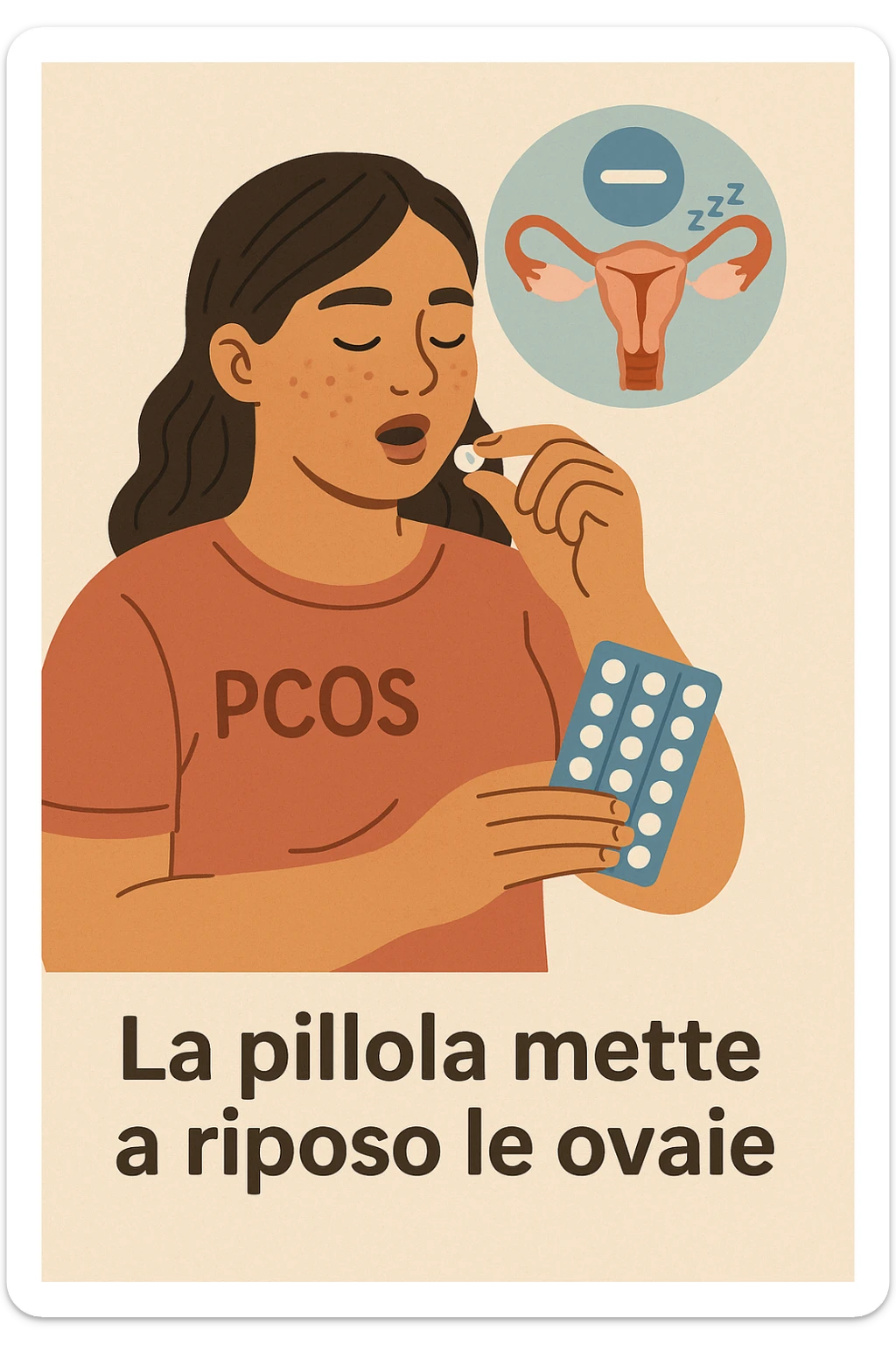 Donna con pcos che prende la pillola, e la pillola mette a riposo le ovaie in italiano sticker