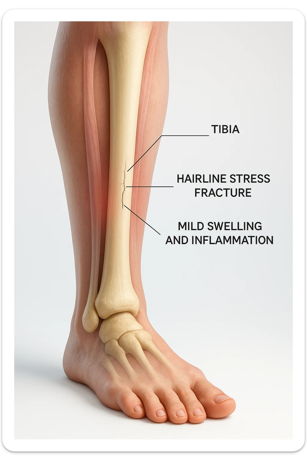 3D realistic medical illustration: a close-up of a human lower leg (tibia), showing the bone with a visible hairline stress fracture. The surrounding soft tissue is semi-transparent, highlighting mild swelling and inflammation. Educational labels point to the fracture site. The background is clean and clinical, with a subtle gradient. sticker