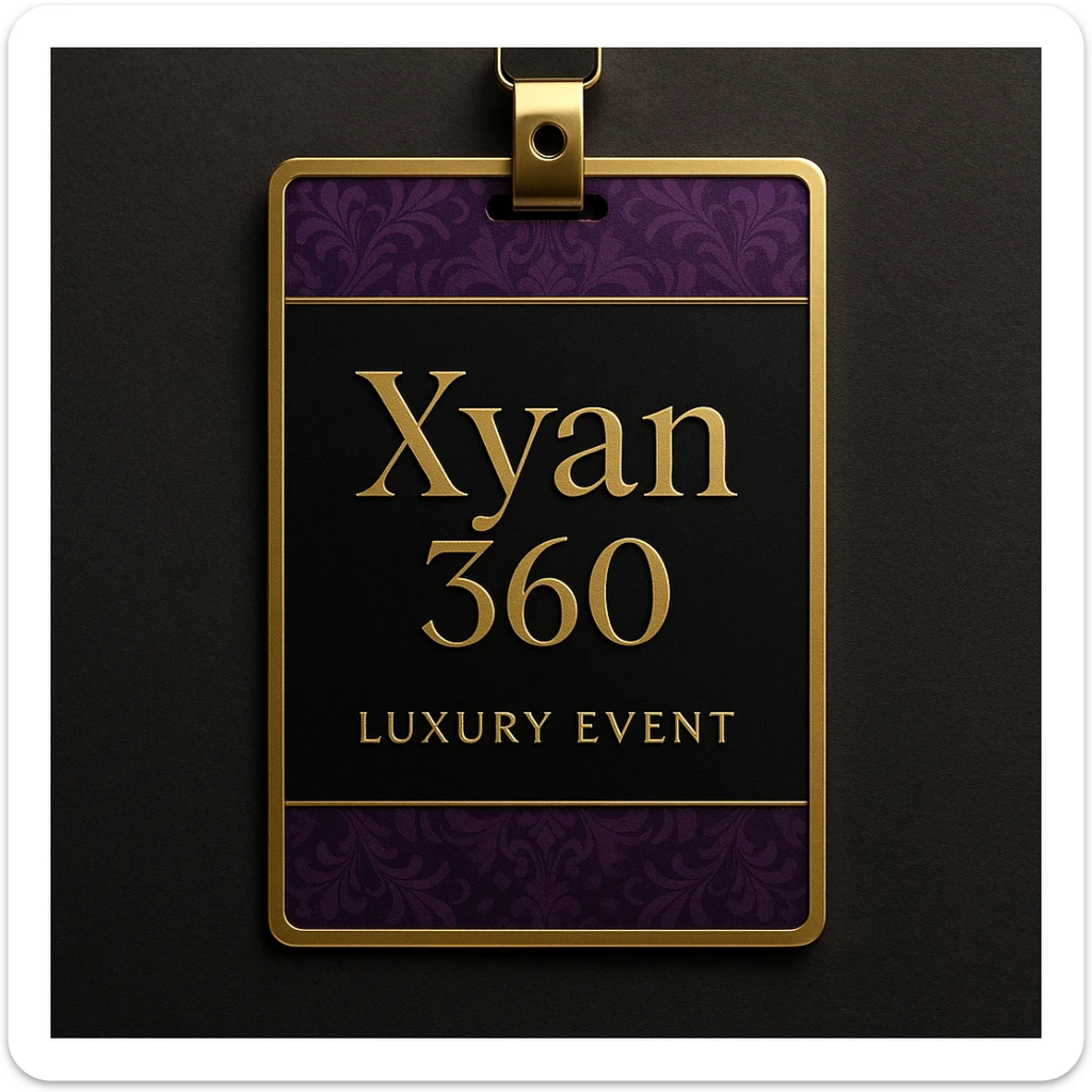 luxury event badge with the name 'Xyan 360' in gold lettering, purple and black background, elegant and upscale style sticker